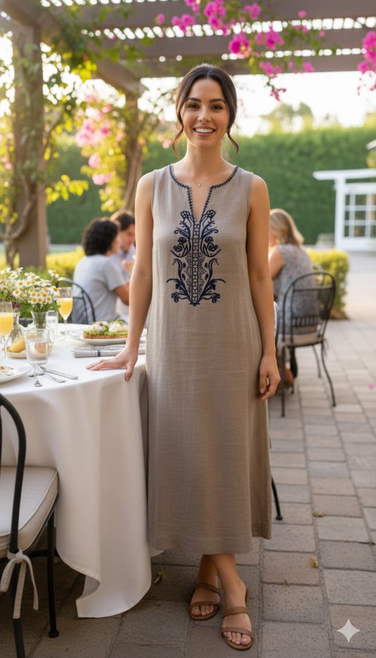 Singrid Olsens Linen blend dress  Sz S NWTBust 38"Leng 49.5 Navy embroidery